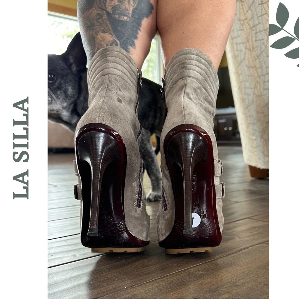 Enio Silla For Le Silla Grey Suede Platform Ankle Boots Stilletto Buckle Size 7 - Picture 9 of 11